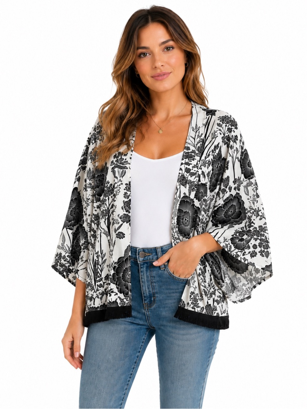 COCO+CARMEN Floral Kimono Boho Layering Top Fringe Hem -‎ One Size